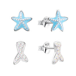 Kids Blue Starfish & Multi-Color Crystal Mermaid Tail Earrings