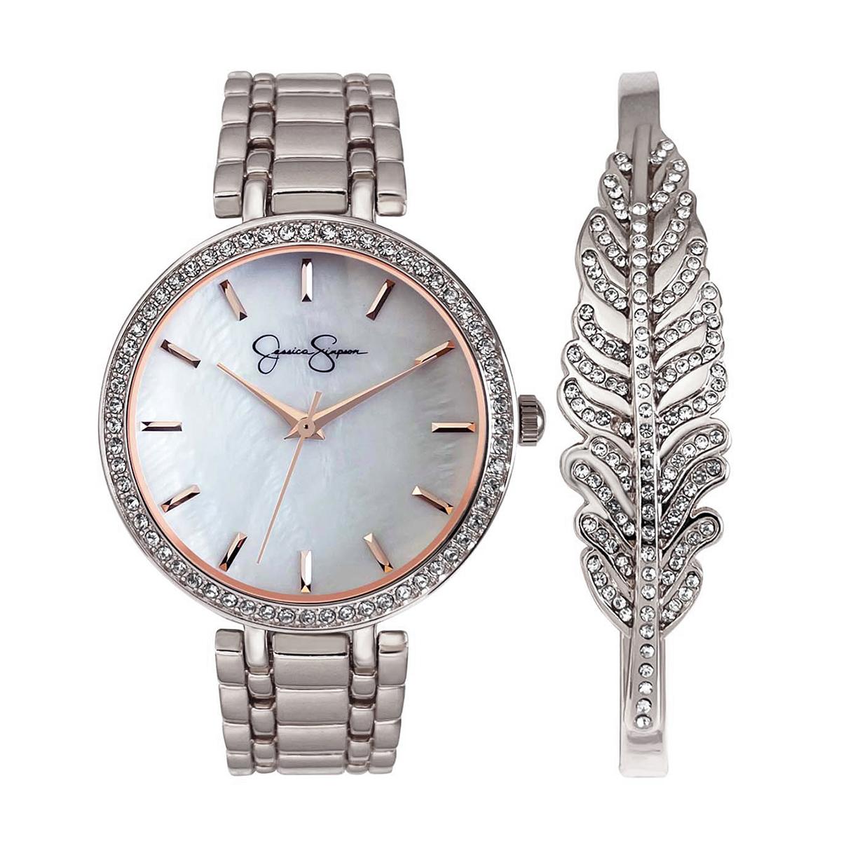 Jessica Simpson Crystal Watch w/Feather Bracelet-JSB8003SL