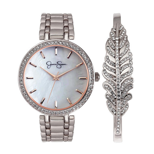 Jessica Simpson Crystal Watch w/Feather Bracelet-JSB8003SL - image 