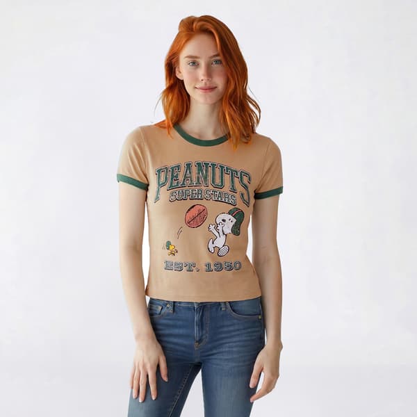 Juniors C-Life Peanuts Football Ringer Baby Tee - image 