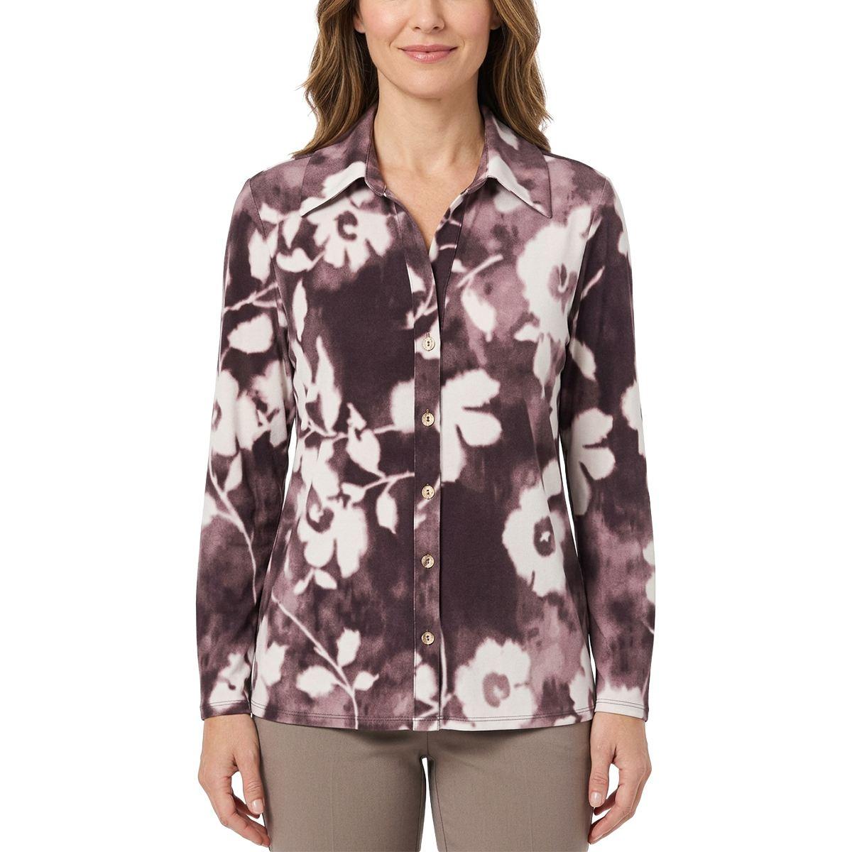 Womens Cure 3/4 Sleeve Rib Text Button Front Plaid Shirt