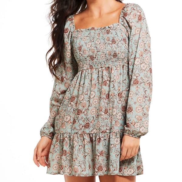 Juniors No Comment Long Sleeve Smock Bodice Floral Shift Dress