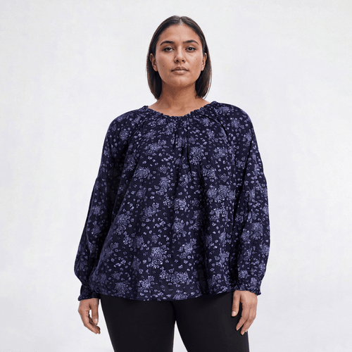 Plus Size Architect(R) Long Sleeve Floral Peasant Blouse - Sapphire