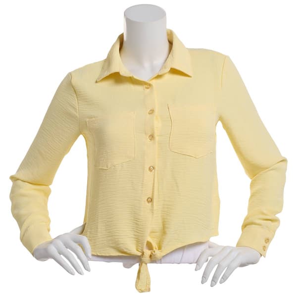 Juniors No Comment Long Sleeve Tie Front Button Up Blouse