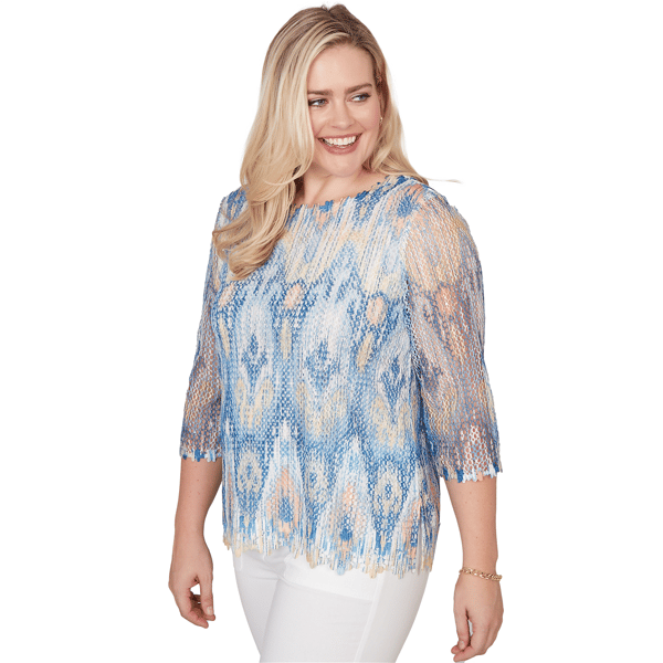 Womens Alfred Dunner Out Of The Blue Scallop Trim Ikat Blouse