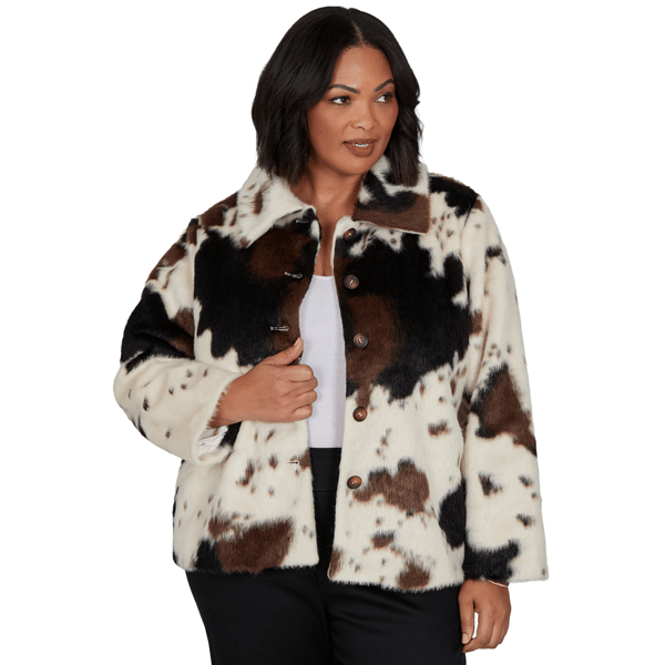 Plus Size Skye''s the Limit Wild Romance Cow Print Faux Fur Jacket
