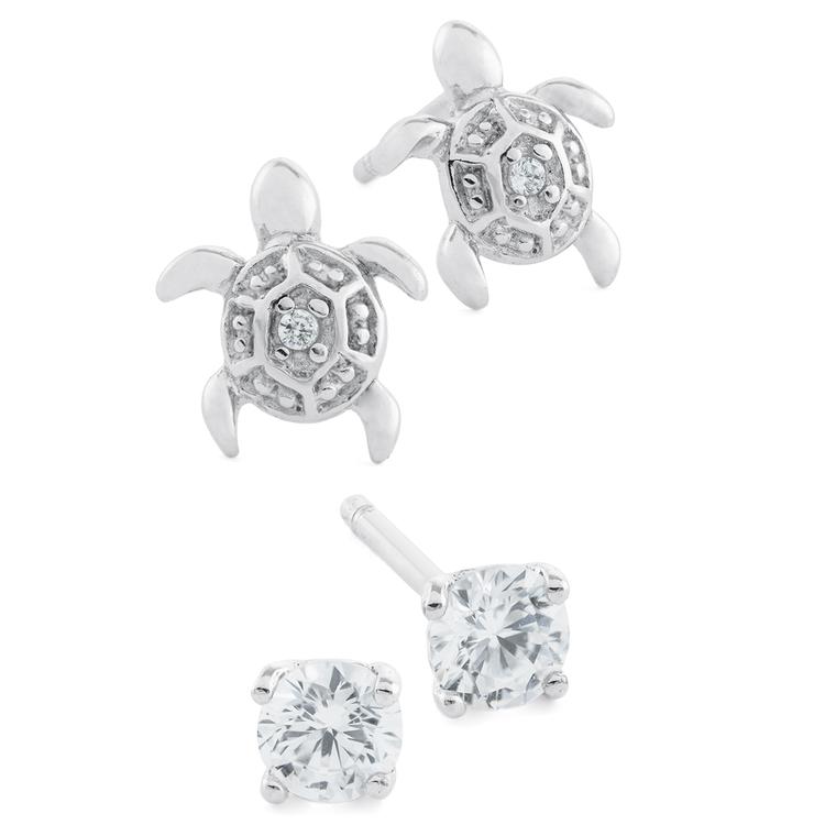 Sterling Silver Cubic Zirconia Stud & Turtle Stud Earrings