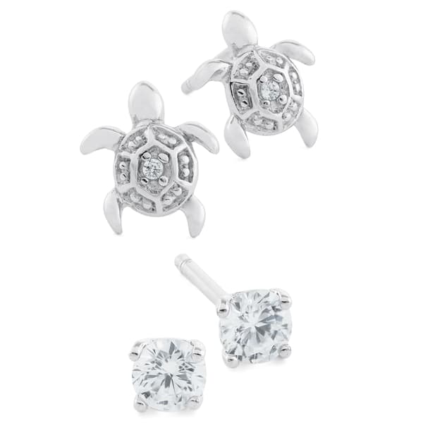 Sterling Silver Cubic Zirconia Stud & Turtle Stud Earrings - image 