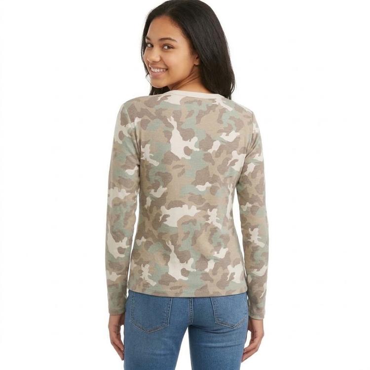 Juniors Pink Rose Long Sleeve Ribbed Lace Up Tie Top -Camo