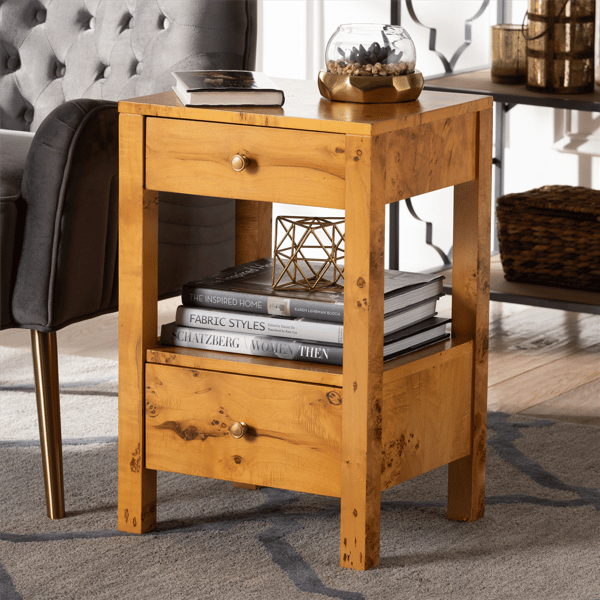 bali & pari Azmi Modern Real Burl Wood 2-Drawer Nightstand