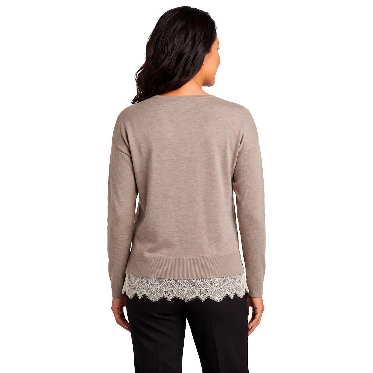 Womens Adrianna Papell Long Sleeve V-Neck Lace Trim Sweater