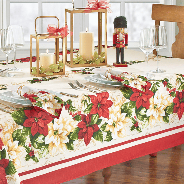 Threadmade Red & White Poinsettias Tablecloth