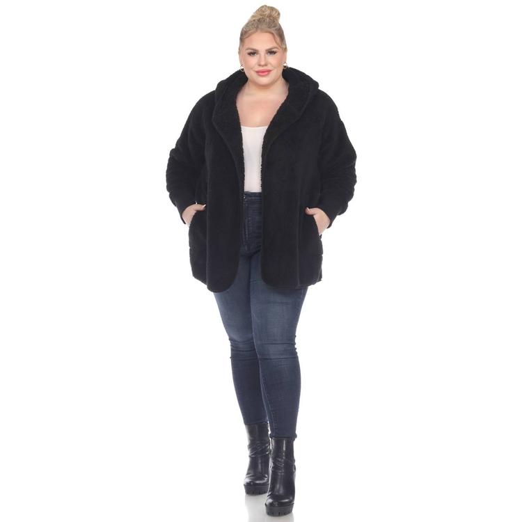 Plus Size White Mark Plush Hooded Cardigan With Pockets