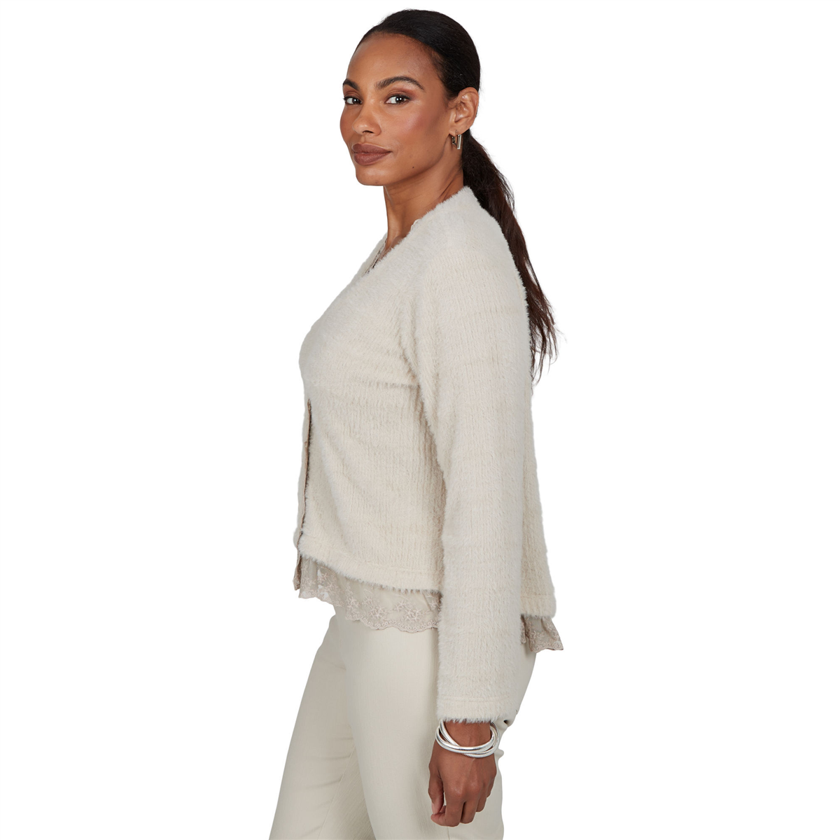Womens Ruby Rd. Mythical Lace Trim Button Front Cardigan