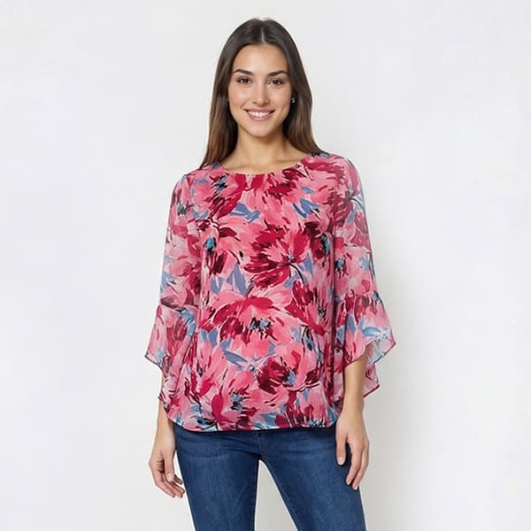 Petite Kasper 3/4 Ruffle Flounce Sleeve Floral Blouse - image 