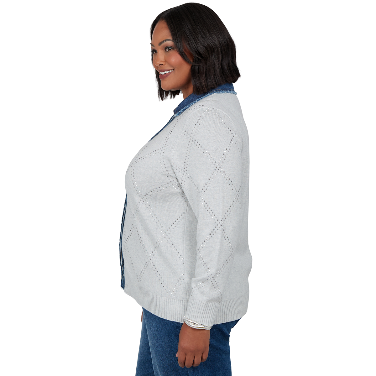 Plus Size Alfred Dunner Ann Arbor Denim Trim Rhinestone Cardigan