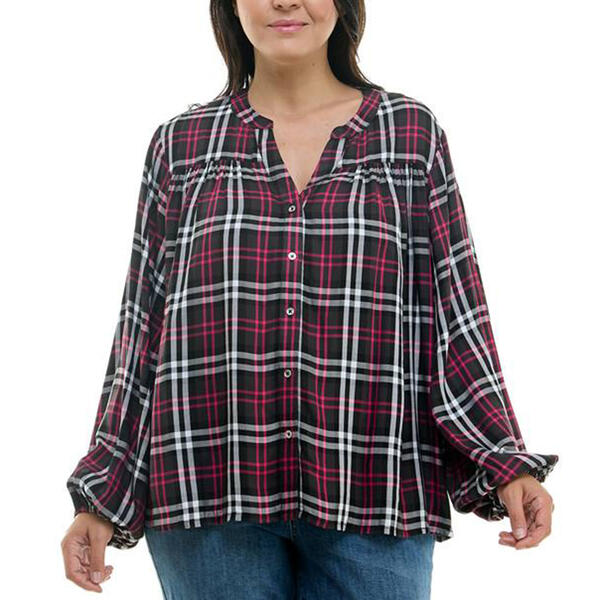 Plus Size Zac & Rachel Mandarin Collar Plaid Button Front Blouse - image 