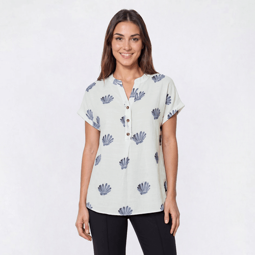 Womens Notations Short Sleeve Coastal Split Neck Blouse - image 