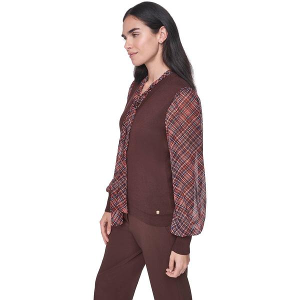 Womens Tommy Hilfiger Long Plaid Sleeve Tie Neck Sweater