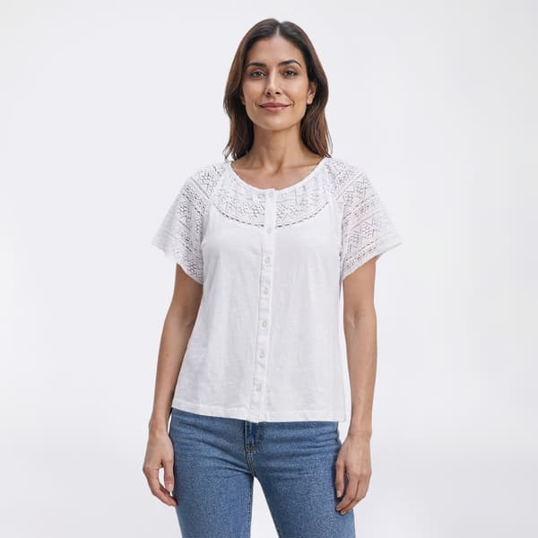 Petite Preswick & Moore(R) Short Crochet Sleeve Blouse
