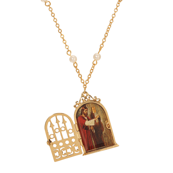Symbols of Faith Gold Tone Jesus Locket Faux Pearl Necklace