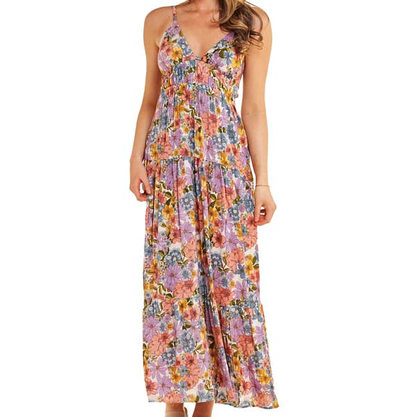 Juniors Angie Smocked Bodice V-Neck Floral Tier Maxi Dress