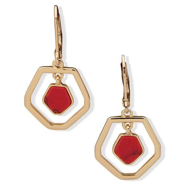 Chaps Gold-Tone & Coral Small Leverback Hexagon Drop Earrings - image 