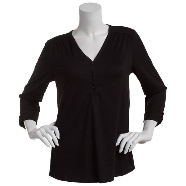 Womens Kasper Solid 3/4 Tab Sleeve V-Neck Henley Tee