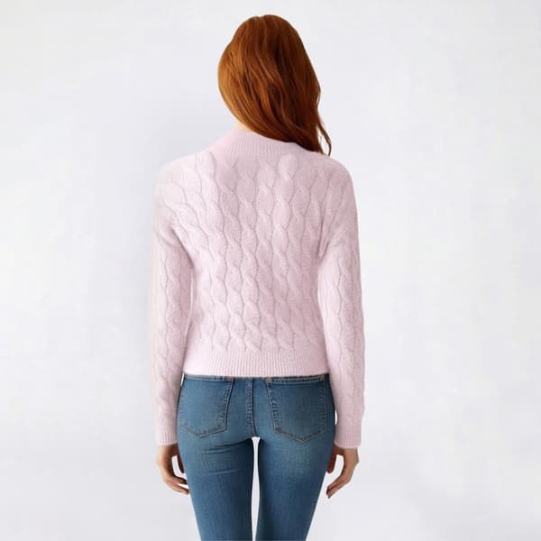 Juniors Pink Rose Fuzzy Feather Mock Neck Cable Knit Sweater