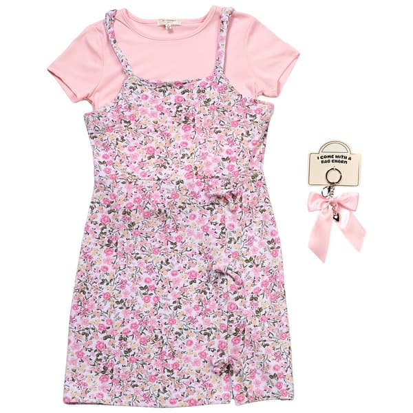 Girls (7-16) No Comment Floral Bow Side Jumper with Bag Charm - image 