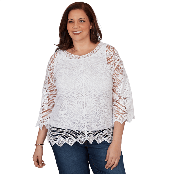 Plus Size Ruby Rd. French Riviera 3/4 Sleeve Open Crochet Blouse