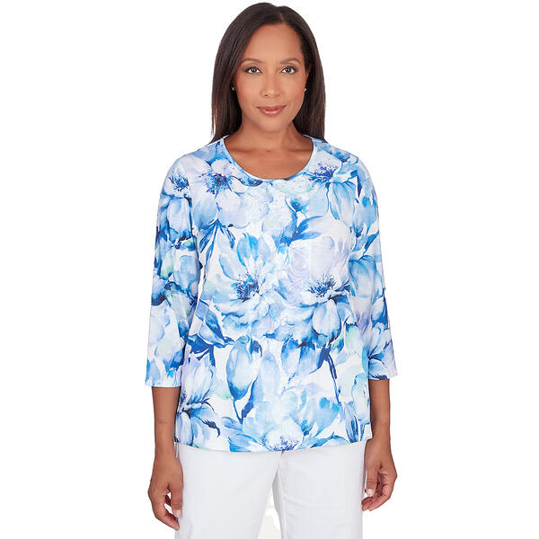 Womens Alfred Dunner 3/4 Sleeve Print Watercolor Floral Tee - image 