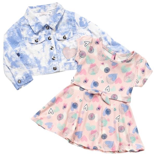 Toddler Girl Young Hearts Rib Heart Dress & Tie Dye Denim Jacket - image 