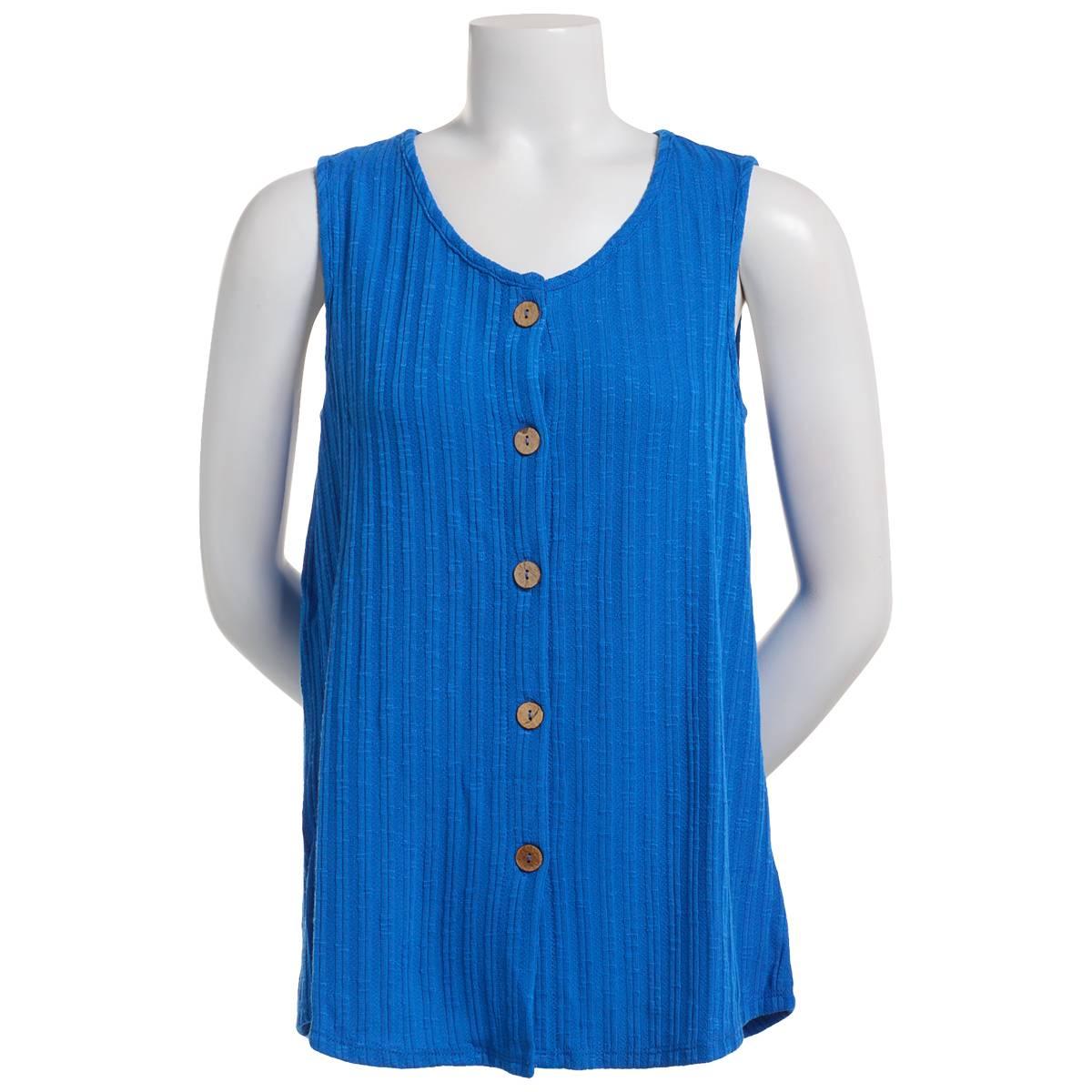 Petite Notations Sleeveless Solid Rib Button Front Blouse