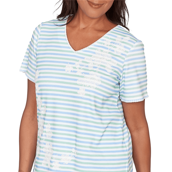 Womens Alfred Dunner Caribbean Blues Stripe Floral Embroidery Tee