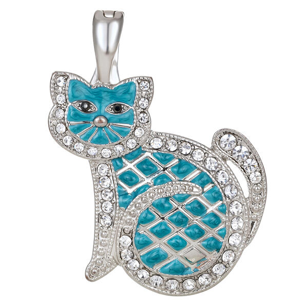 Wearable Art Silver-Tone & Blue Quilted Cat Enhancer - image 
