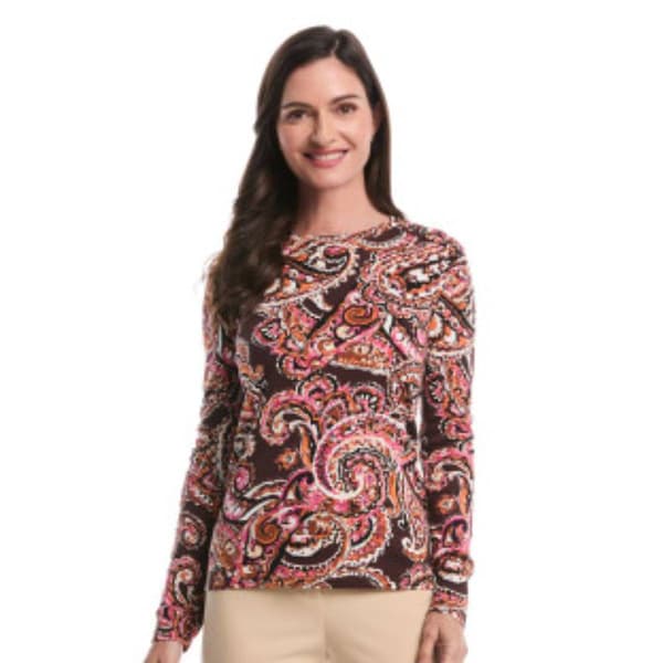 Womens Rafaella® Crew Neck Long Sleeve Paisley Blouse