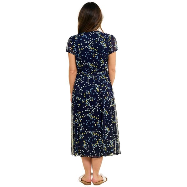 Womens MSK Short Sleeve Chiffon Pintuck Floral Midi Dress