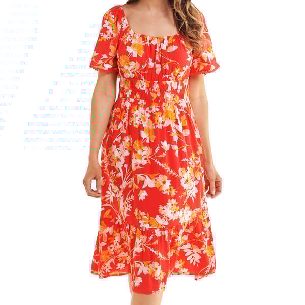 Womens Luxology Short Flutter Sleeve Floral Print Challis Dress