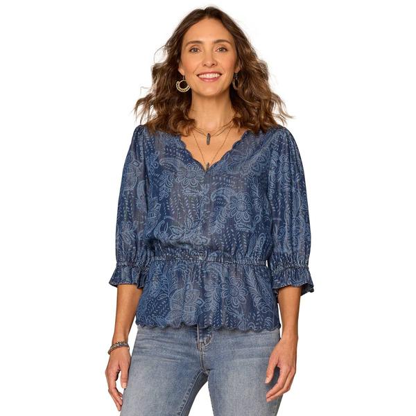 Womens Democracy Elbow Sleeve V Neck Scallop Edge Blouse - image 
