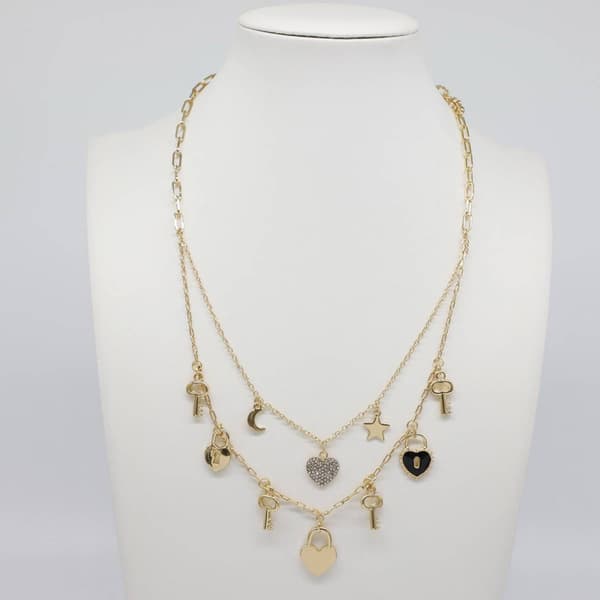 Ashley Two Row Heart & Key Charm Layered Necklace - image 