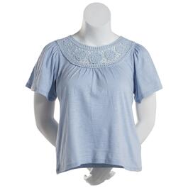 Womens Premise Short Sleeve Embroidered Neckline Top