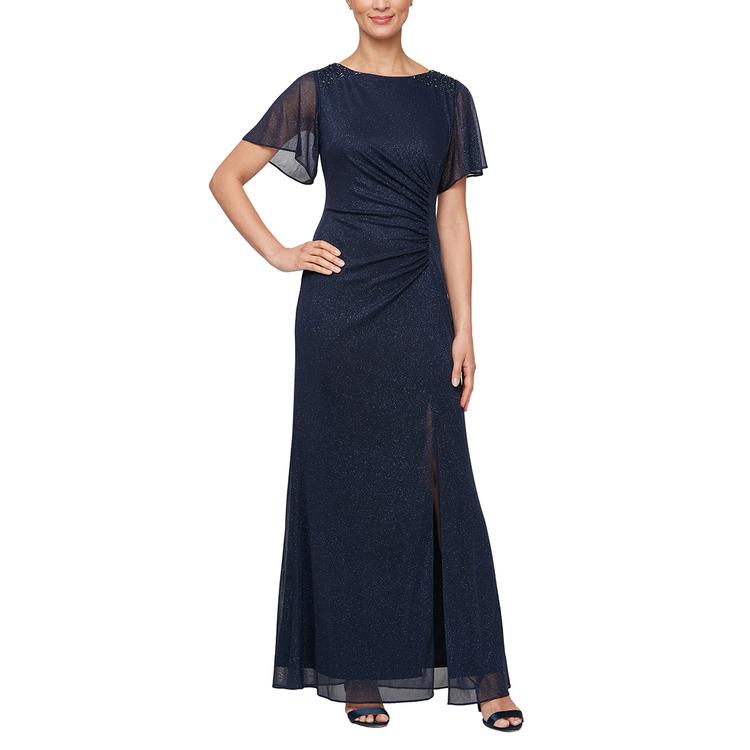 Womens SLNY Flutter Sleeve Solid Glitter Mesh Maxi Dress
