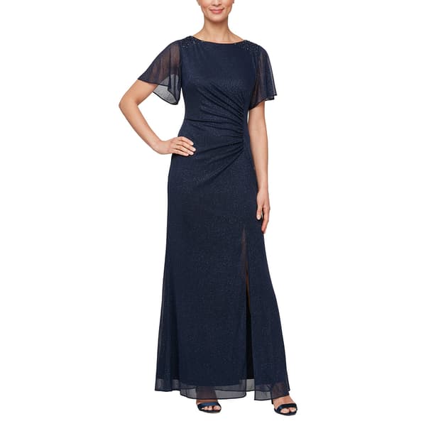 Womens SLNY Flutter Sleeve Solid Glitter Mesh Maxi Dress