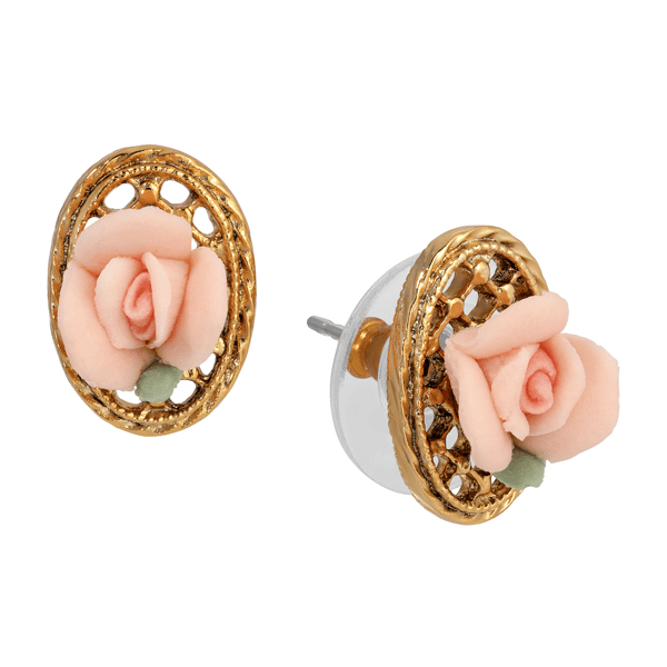1928 Jewelry Rose Filigree Oval Button Earrings - image 