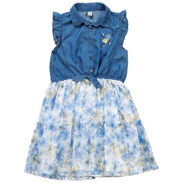 Girls &#40;7-16&#41; Sweet Butterfly Denim Top Floral Tulle Dress - image 