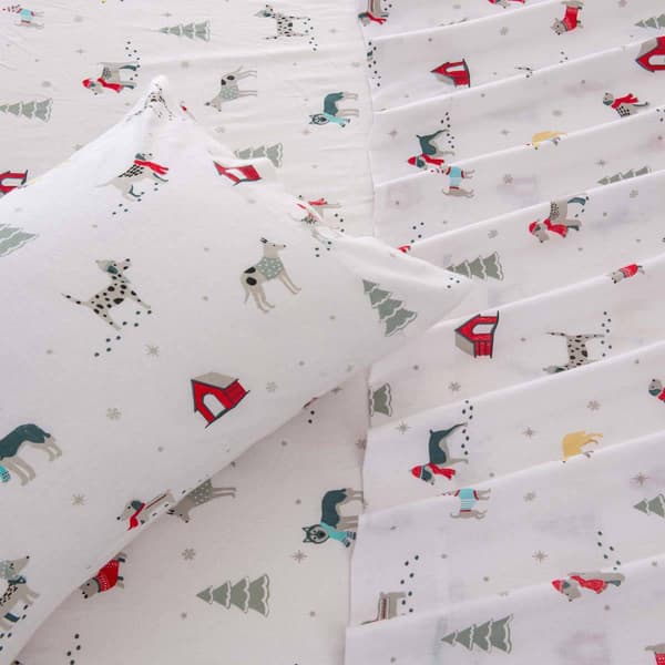 Freshfolds Cotton Pups in the Snow Holiday 4pc. Flannel Sheet Set