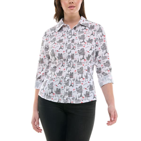 Womens Zac & Rachel 3/4 Sleeve Eiffel Tower Casual Button Down - image 