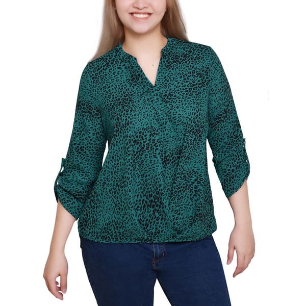 Womens NY Collection Roll Tab Sleeve Split Neck Leopard Blouse - image 