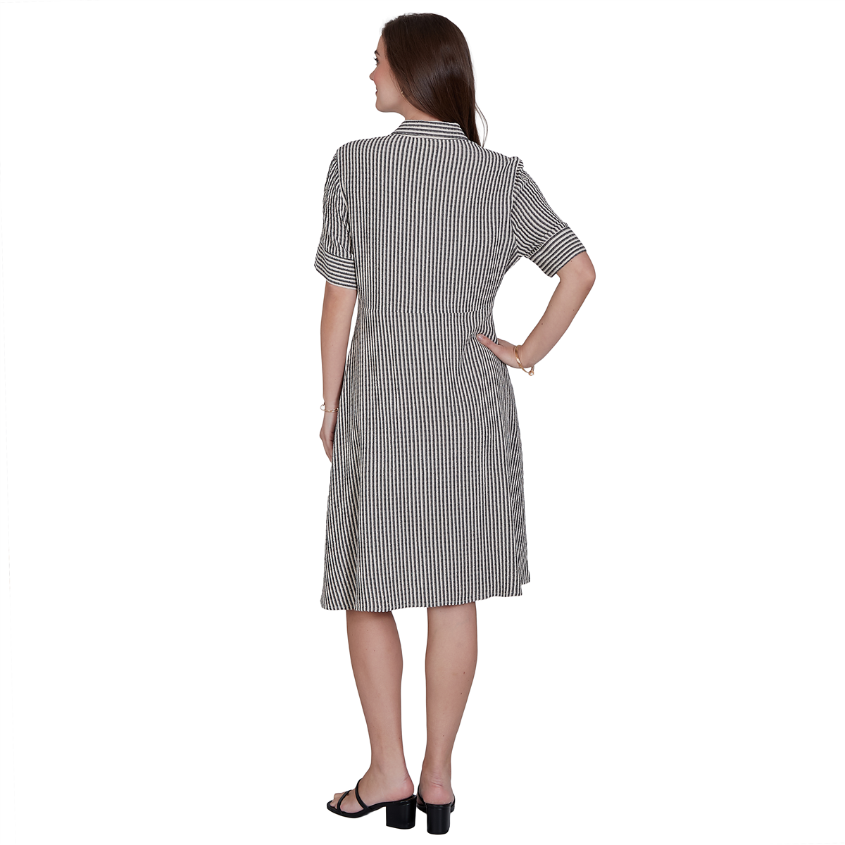 Petite Ruby Rd. Tropical Noir Stripe Knot Front Shirtdress